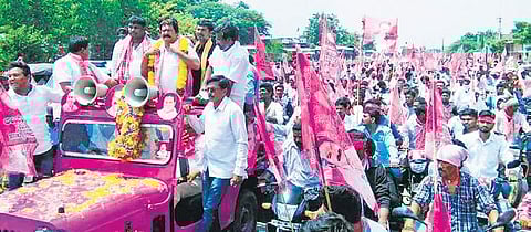 TRS leader A  Amarendhar Reddy and his followers take out a bike rally in Miryalaguda on Wednesday | EXPRESS photo