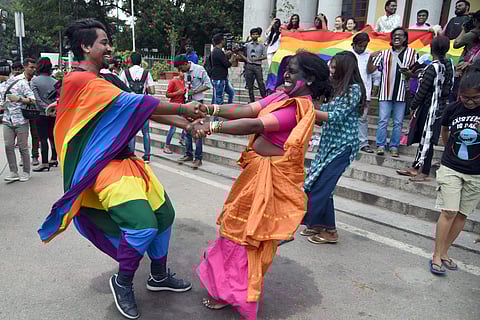 LGBT members in Bengaluru celebrate after the Supreme Court scrapped a part of Section 377 on 6 September 2018. (Photo | Nagaraj Gadekal/EPS)