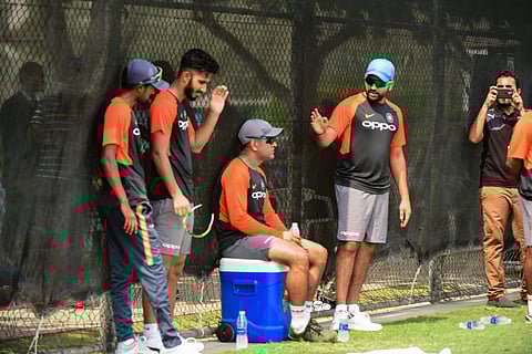 Former Indian cricket team captain Mahendra Singh Dhoni with teammates during net practice ahead of Asia Cup cricket in Dubai Friday Sept 14 2018. | PTI