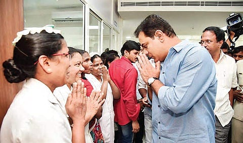 IT minister KT Rama Rao greets the hospital staff after inagurating the  Oncology Centre at NIMS hospital, in Hyderabad on Friday |  Express