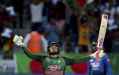 Bangladesh's Mushfiqur Rahim celebrates scoring a century during the one day international cricket match of Asia Cup between Sri Lanka and Bangladesh in Dubai, United Arab Emirates. (Photo | AP)
