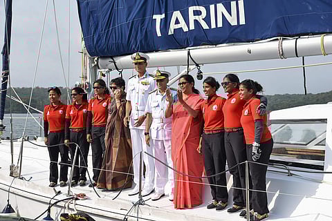 Union Defence Minister Nirmala Seetharaman with Indian Navy chief Admiral Sunil Lanba greet the Indian Navy's six-member all-women crew of INSV Tarini who circumnavigated the globe in over eight months at Panaji in Goa. (Photo | File/PTI)