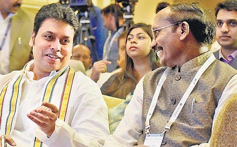 Tripura CM Biplab Kumar Deb chats with ISRO Chairman K Sivan at the ISRO Technology Incubation Centre in Bengaluru on Tuesday  | Pandarinath B