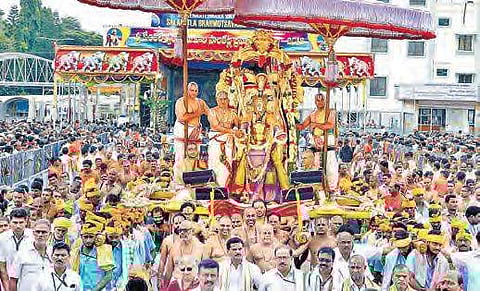 The idol of Lord Malayappa Swamy being taken on the Hanumantha and  Gaja Vahanams in Tirumala on Tuesday | Madhav K
