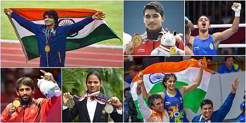 From top left to bottom right, Indian sportspersons, Neeraj Chopra, Saurabh Chaudhary, Amit Panghal, Bajrang Punia, Dutee Chand, and Vinesh Phogat (Photos | Agencies)