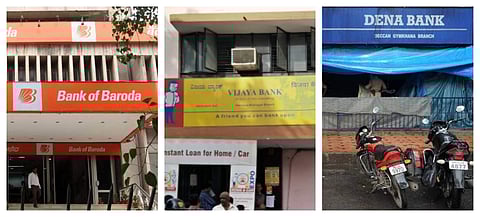 Left-right: Bank of Baroda (Photo | PTI), Vijaya Bank (Photo | EPS) and Dena Bank (Photo | AFP)