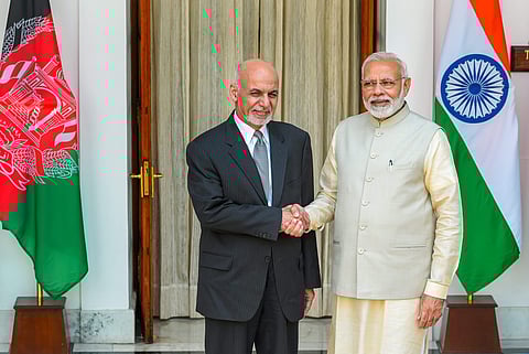 Prime Minister Narendra Modi (R) and Afghanistan President Ashraf Ghani ahead of a meeting at Hyderabad House in New Delhi Wednesday Sep 19 2018. | PTI