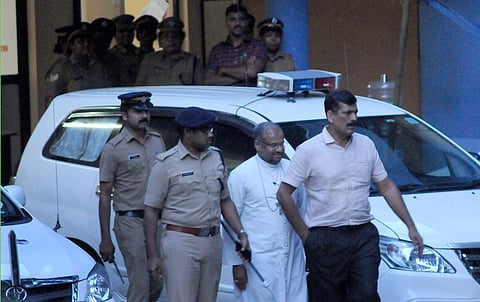 Bishop Franco Mulakkal comes out of the Tripunithura Crime Branch Office. (Photo | A Sanesh/EPS)