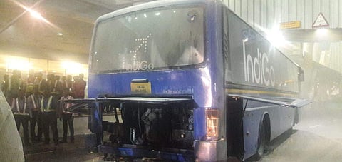  IndiGo Airlines bus catches fire at Chennai airport. ( Photo | TWITTER)