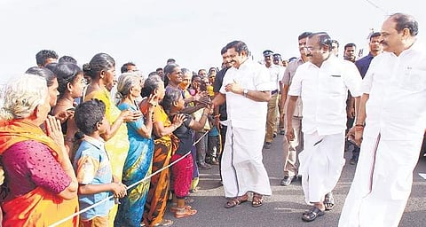 Chief Minister Edappadi K Palaniswami being greeted by people outside Thoothukudi airport on Friday | Express