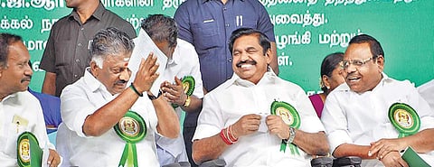Chief Minister Edappadi K Palaniswami and Deputy CM O Panneerselvam during the inauguration of MGR centenary celebrations in Nagarcoil on Saturday | V KARTHIKALAGU