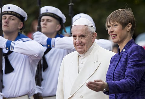 President of Estonia Kersti Kaljulaid, right, welcomes Pope Francis as he arrives at the Kadriorg Presidential Palace in Tallinn, Estonia (Photo | AP)