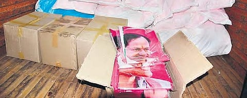 TRS election campaign material dispatched to 105 Assembly segments from Hyderabad. The material included TRS flags, caps, photos of KCR | Express photo