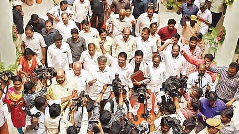 TDP MPs coming out after boycotting a meeting with the SCR General Manager  in Vijayawada on Tuesday | R V K Rao