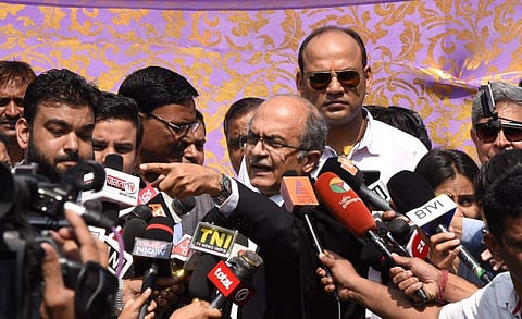 Senior Supreme Court Advocate Prashant Bhushan addresses the media after the decision on Aadhaar at Supreme Court in New Delhi Wednesday. ( Photo | Parveen Negi/ EPS)