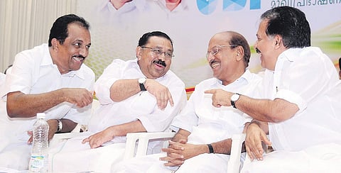 UDF convener Benny Behanan having a chat with Opposition  Leader Ramesh Chennithala during the UDF Parliament constituney conference held in Kochi on Tuesday. Former KPCC president M M Hassan and IUML leader P K Kuhalikkutty also seen | A Sanesh