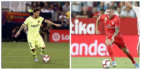 FC Barcelona's Leo Messi (L) and Real Madrid's Toni Kroos (R) in action during their respective encounters in La Liga (Photos | Twitter/ FC Barcelona, Real Madrid C.F)