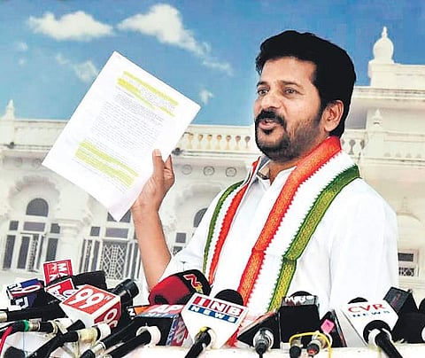 Congress leader A Revanth Reddy addressing the mediapersons at the Media Hall of Assembly in Hyderabad on Wednesday (Photo | S Senbega Pandyan)
