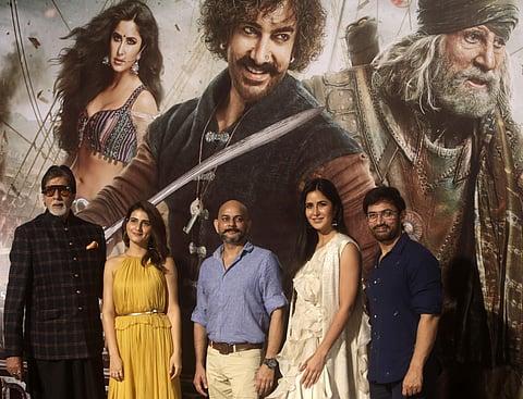 The trailer of 'Thugs of Hindostan', which stars Aamir Khan, Amitabh Bachchan, Katrina Kaif and Fatima Sana Sheikh was  launched in Mumbai on Thursday. In this image, director Vijay Krishna Acharya, center, poses with Bollywood actors from left, Amitabh B