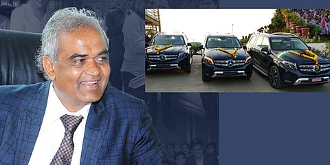 Owner of Hare Krishna exporters Savji Dholakia and (inset) the three Mercedes Benz SUVs which he gifted to his employees. (Photo | Twitter)