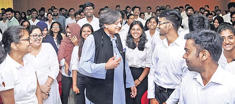 Shashi Tharoor MP interacting with the students of National University of Advanced Legal Studies, at  Kalamassery on Friday |A Sanesh