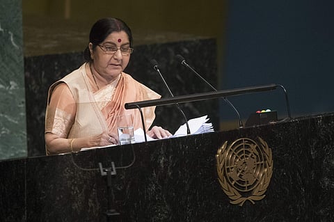 Indian Foreign Minister Sushma Swaraj addresses the 73rd session of the United Nations General Assembly,Saturday, Sept. 29, 2018 at U.N. headquarters. (AP)