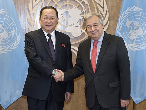 In this photo provided by the United Nations, Ri Yong Ho, left, Minister for Foreign Affairs, Democratic People's Republic of Korea, is greeted by United Nations Secretary General Antonio Guterres during the United Nations General Assembly (Photo | AP)