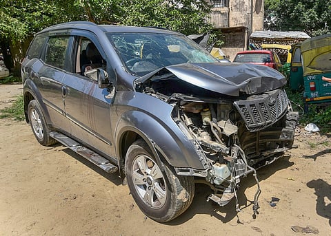 The damaged car in which Vivek Tiwari was shot by a police constable on patrol duty in Lucknow Saturday September 29 2018. | PTI