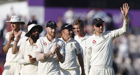 England's Joe Root, right,leads his players from the pitch after England defeated India on the fourth day of the 4th cricket Test match between England and India at the Ageas Bowl in Southampton, England. (Photo | AP)