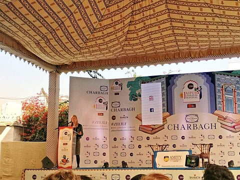File image of one of the speakers at the Jaipur Literature Fest addressing the audience. (Twitter Photo: @ZEEJLF)