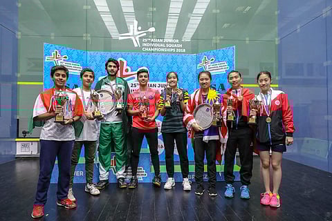 India's Yuvraj Wadhwani, fourth from left, celebrates after winning the Asian Junior Squash Championship 2018 title. (Photo | SRFI/Twitter)