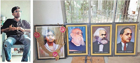 (L) Anitha’s brother Manirathinam; the Dalit student’s picture kept alongside those of Periyar, Karl Marx and Ambedkar at her house in Kuzhumur. (Photo | Express)