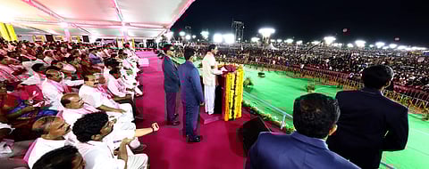 Telangana Chief Minister and TRS chief K. Chandrashekar Rao addresses the party’s Pragathi Nivedana Sabha meeting at Kongara Kalan on September 2, 2018. (Photo | EPS)
