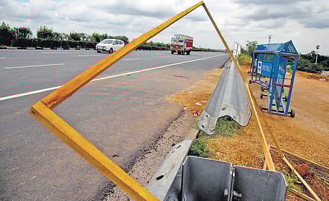 The steel barricade laid along the ORR to keep away cattle and humans, left dismantled near Kongarkalan, where the TRS meeting was held. (Photo | Vinay Madapu/EPS)