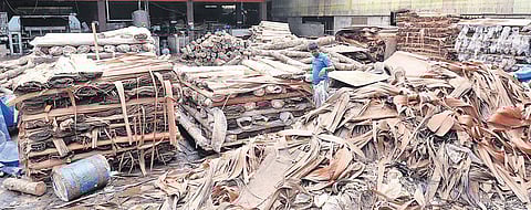 Plywood raw material lying at a factory which was inundated in the flood, at Kandanthara near Perumbavoor | Melton Antony
