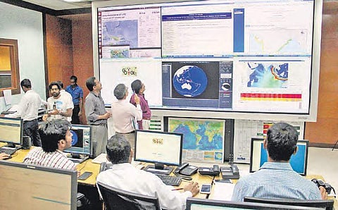 Scientists monitoring data at INCOIS as part of the 24-country mock drill on tsunami warning and response, initated by the UNESCO, in Hyderabad on Tuesday | R Satish Babu