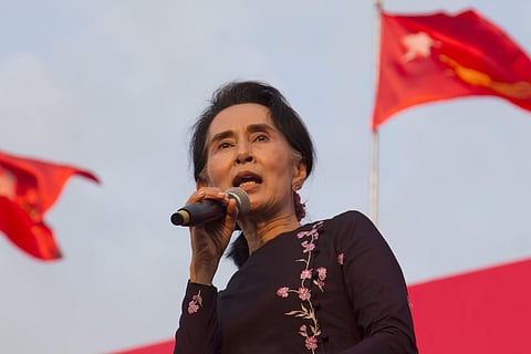 Aung San Suu Kyi speaks during an election campaign rally of her National League for Democracy party for upcoming general election in Yangon. (Photo | AP)