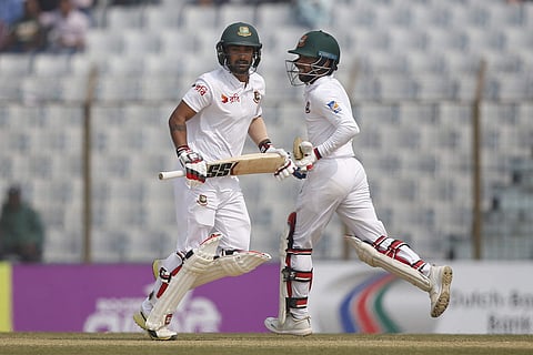 Bangladesh's Liton Das and teammate Mominul Haque score a run during the match. (File Photo | AP)