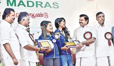Chief Minister Edappadi K Palaniswami and Deputy Chief Minister O Panneerselvam honouring the medal winners of Asian Games 2018, during the 160th anniversary celebrations of Madras University in the city on Friday | P Jawahar