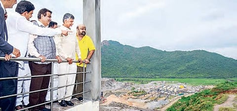 Union Water Resources Minister Nitin Gadkari with Chief Minister N Chandrababu Naidu and other TDP leaders at the Polavaram Project site in West Godavari district (File | EPS)