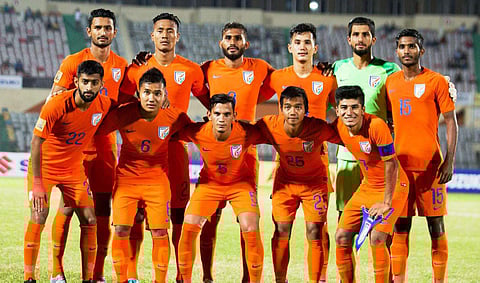 India produced a dominant display to beat Maldives 2-0 and book a semifinal spot in the South Asian Football Federation Cup here on Sunday. (Photo | Twitter/@indianfootball)