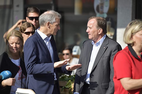 Stefan Lofven, leader of the Social Democratic Party, right, speaks to his Norwegian counterpart Jonas Gahr Store during an campaign rally in central Stockholm, Sweden. (Photo | AP)