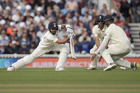 India captain Virat Kohli hits a shot during the fifth cricket test match of a five match series between England and India at the Oval cricket ground in London, Saturday, Sept. 8, 2018.  | AP