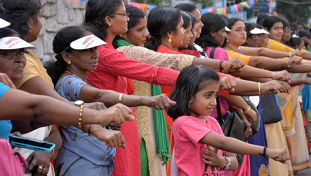 On Tuesday, women from various walks of life -- writers, athletes, actors, politicians and techies, government officials and homemakers -- stood across the highways crisscrossing through the 14 districts in the state as the event commenced at 4 PM. (Photo | Vincent Pulickal/EPS)