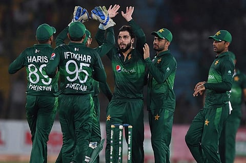 Pakistan's cricketers celebrate after the dismissal of Sri Lanka's batsman Avishka Fernando during the second one day international (ODI) cricket match between Pakistan and Sri Lanka at the National Cricket Stadium in Karachi. (Photo | AFP)
