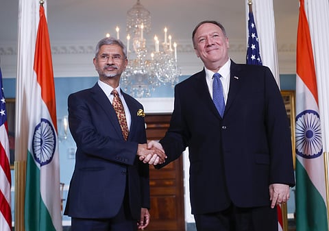 Secretary of State Mike Pompeo, right, shakes hands with Indian counterpart Subrahmanyam Jaishankar, left, at the US State Department in Washington, Monday, Sept. 30, 2019. | (Photo | AP)