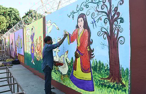 Preparations are in full swing to welcome Chinese President Xi Jinping at Chennai Airport. Paintings depicting Chinese and Indian history been depicted in the airport walls in welcoming the president. | (Ashwin Prasath | EPS)
