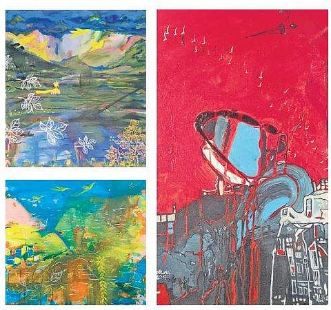 Nature, lush fields, colossal temples and vibrant motifs deck Dhivya’s artworks