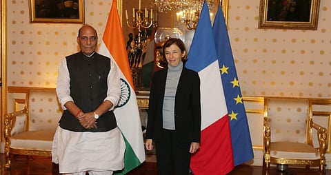 Rajnath Singh with the French Minister of Armed Forces, Ms Florence Parly. (Photo | Twitter)