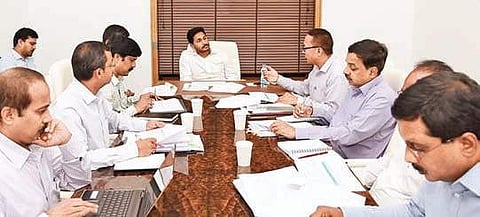 Chief Minister YS Jagan Mohan Reddy and other officials during a review meeting  on e-procurement at CM’s camp office in Tadepalli on Wednesday I Express